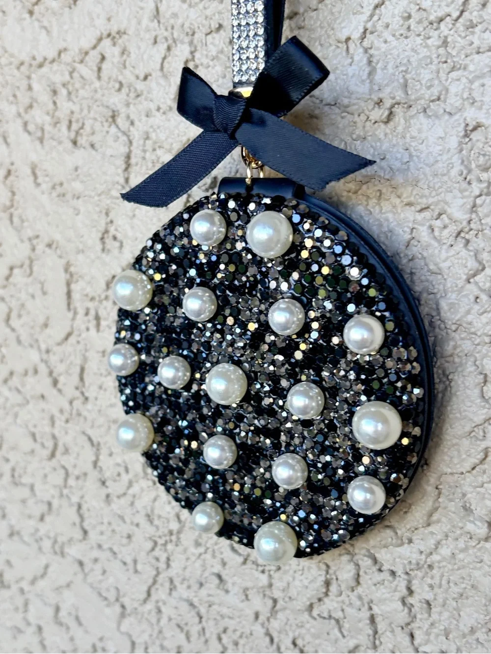 Sparkling Black Rhinestone & Pearl Dual Sided Mirror/Keychain/Bag Charm
